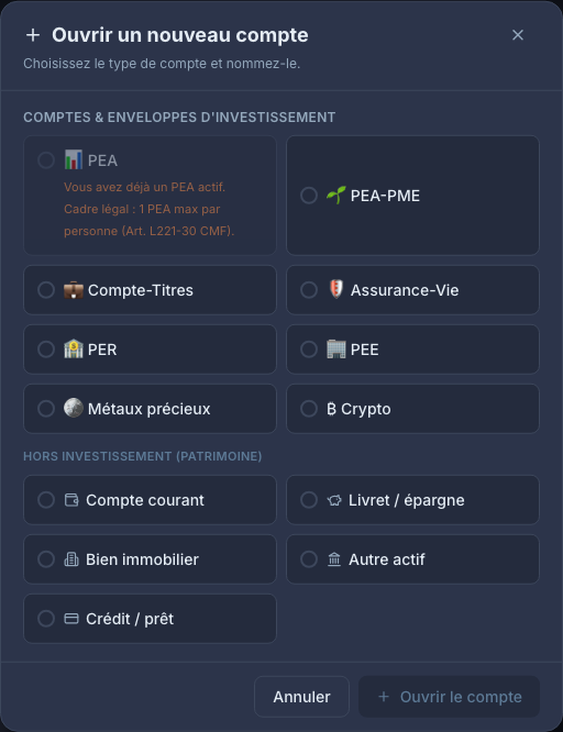 Ouverture d'un compte dans PMP : PEA, PEA-PME, Compte-Titres, Assurance-Vie, PER, PEE, métaux précieux, crypto, compte courant, livret, immobilier et crédit