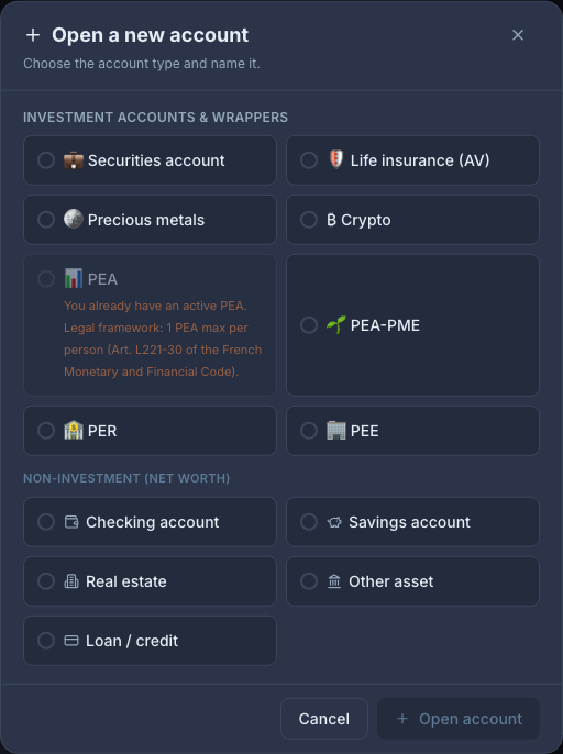 Adding a loan in PMP: amount, rate, term, insurance; monthly payment and outstanding balance subtracted from net worth