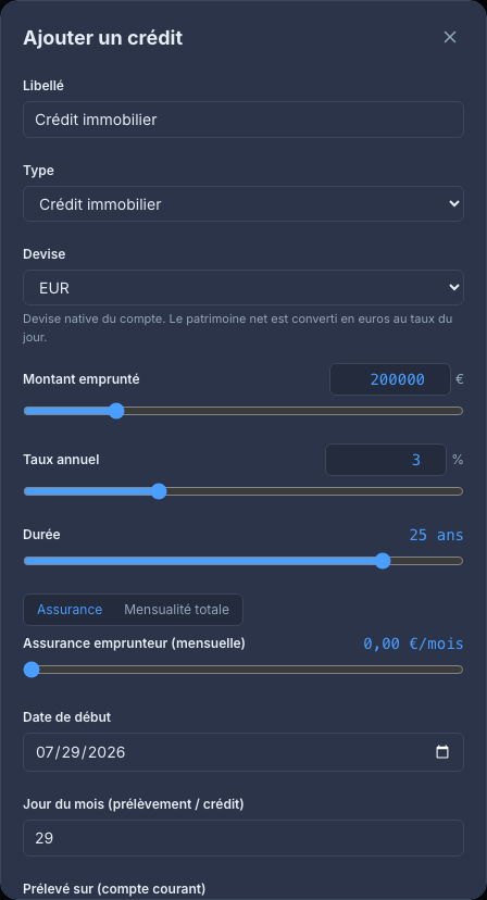Saisie d'un crédit dans PMP : capital, taux, durée, assurance ; mensualité et capital restant dû déduits du patrimoine net