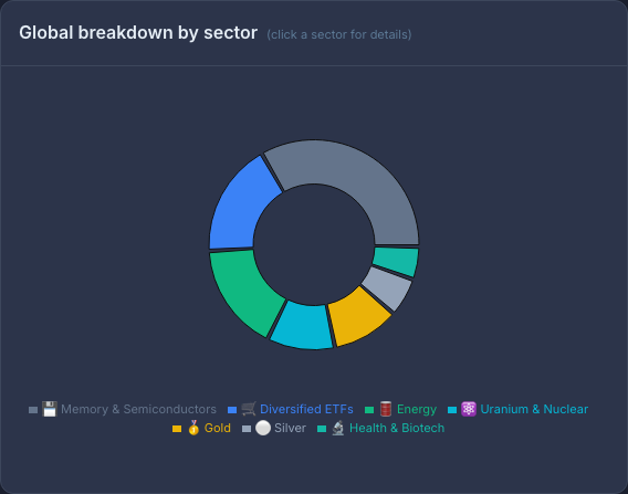 Overall portfolio breakdown by sector in PMP: coloured ring (memory & semiconductors, ETFs, energy, uranium, gold, silver, healthcare)